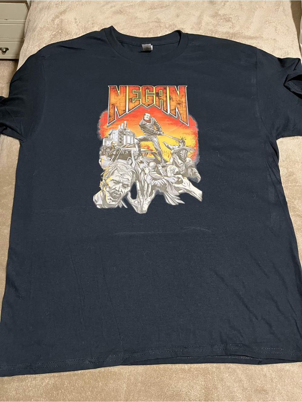 Gildan Black Men’s Tee with Negan Graphic and Orange Accents